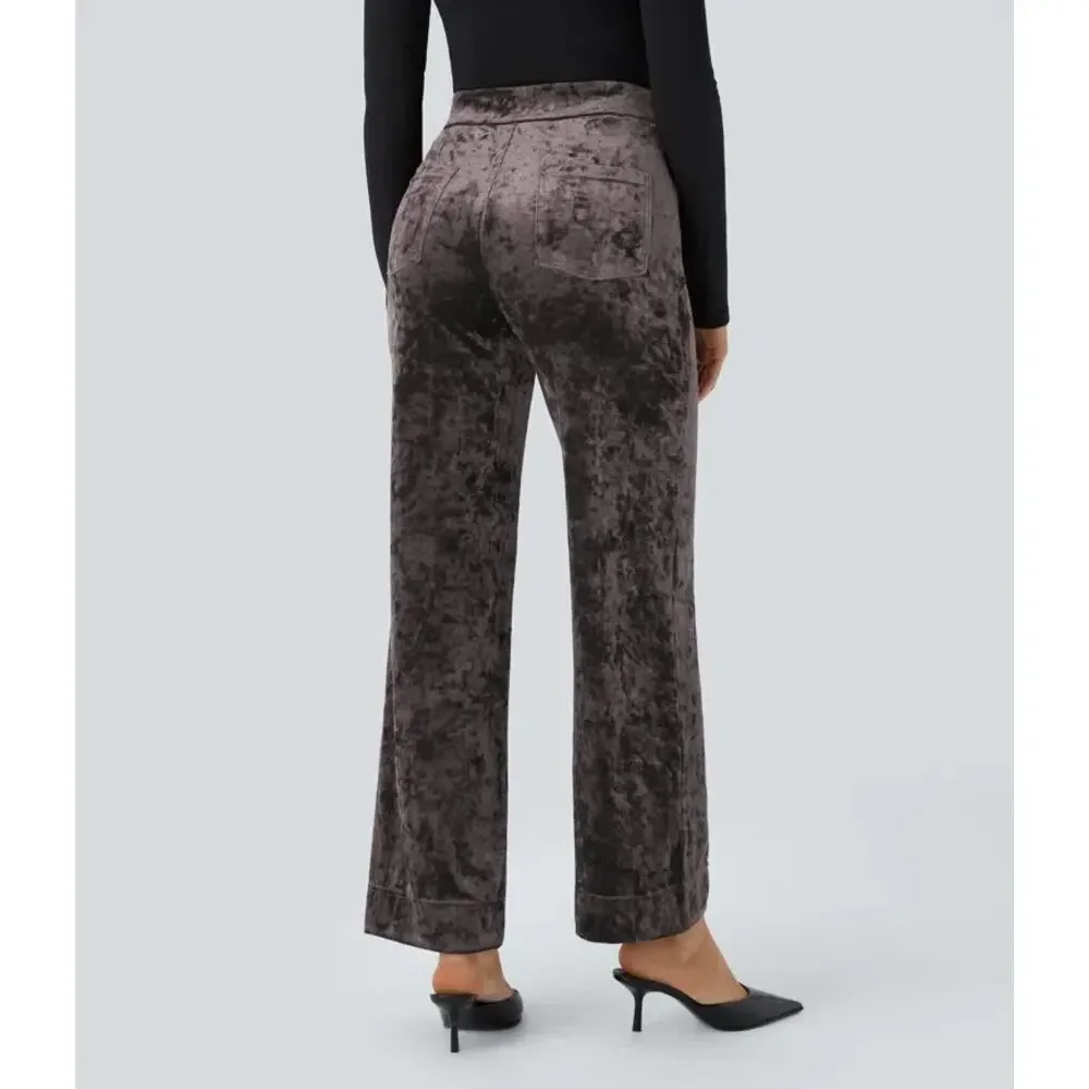 Halara High Waisted Pockets Straight Leg Velvet Casual Pants Plum M